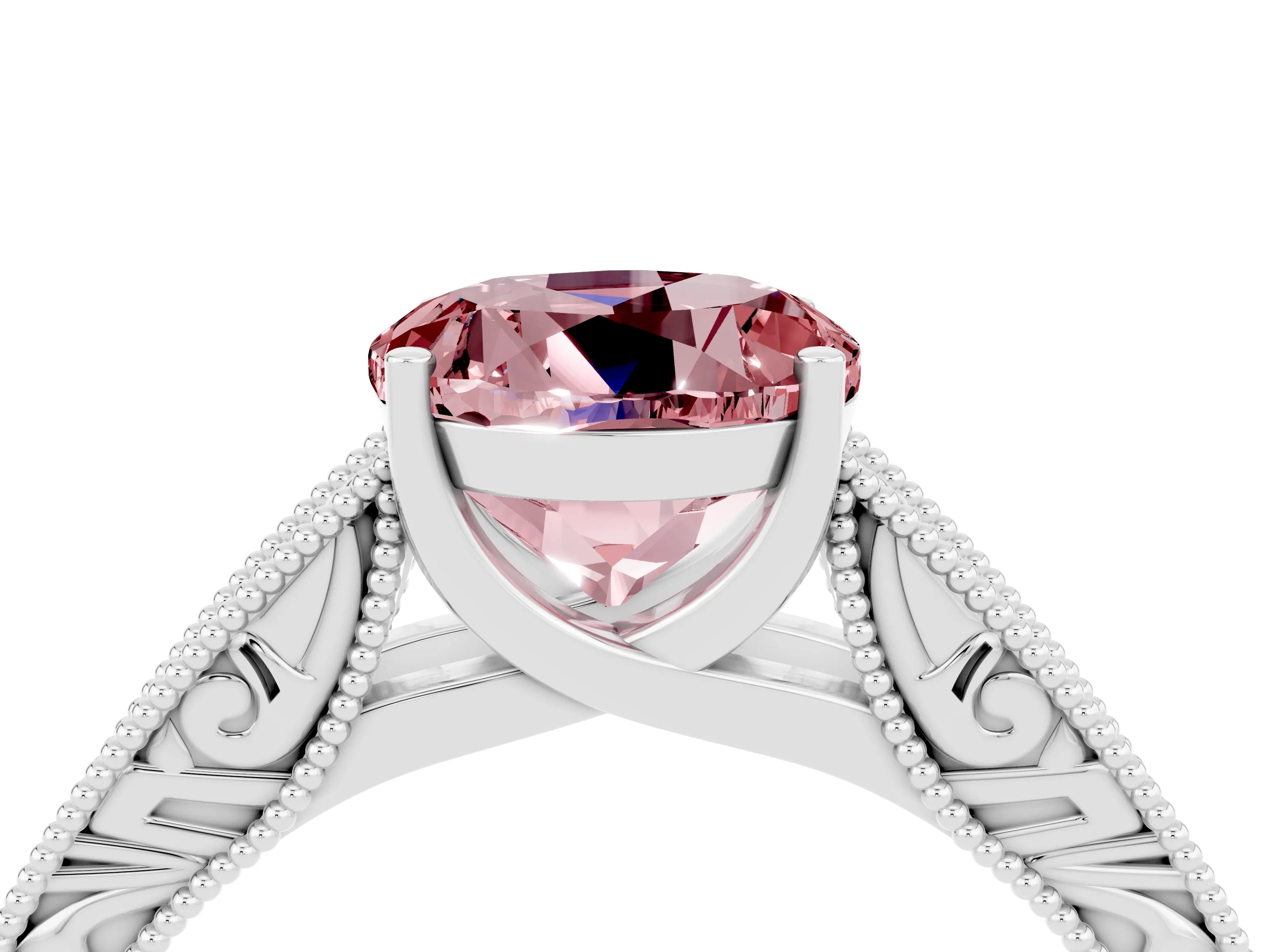 White gold Round Cut Morganite Solitaire Ring with Engraved Band and Four-Prong Setting_4