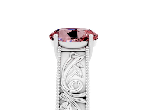 White gold Round Cut Morganite Solitaire Ring with Engraved Band and Four-Prong Setting_5