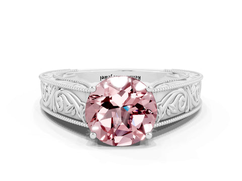White gold Round Cut Morganite Solitaire Ring with Engraved Band and Four-Prong Setting