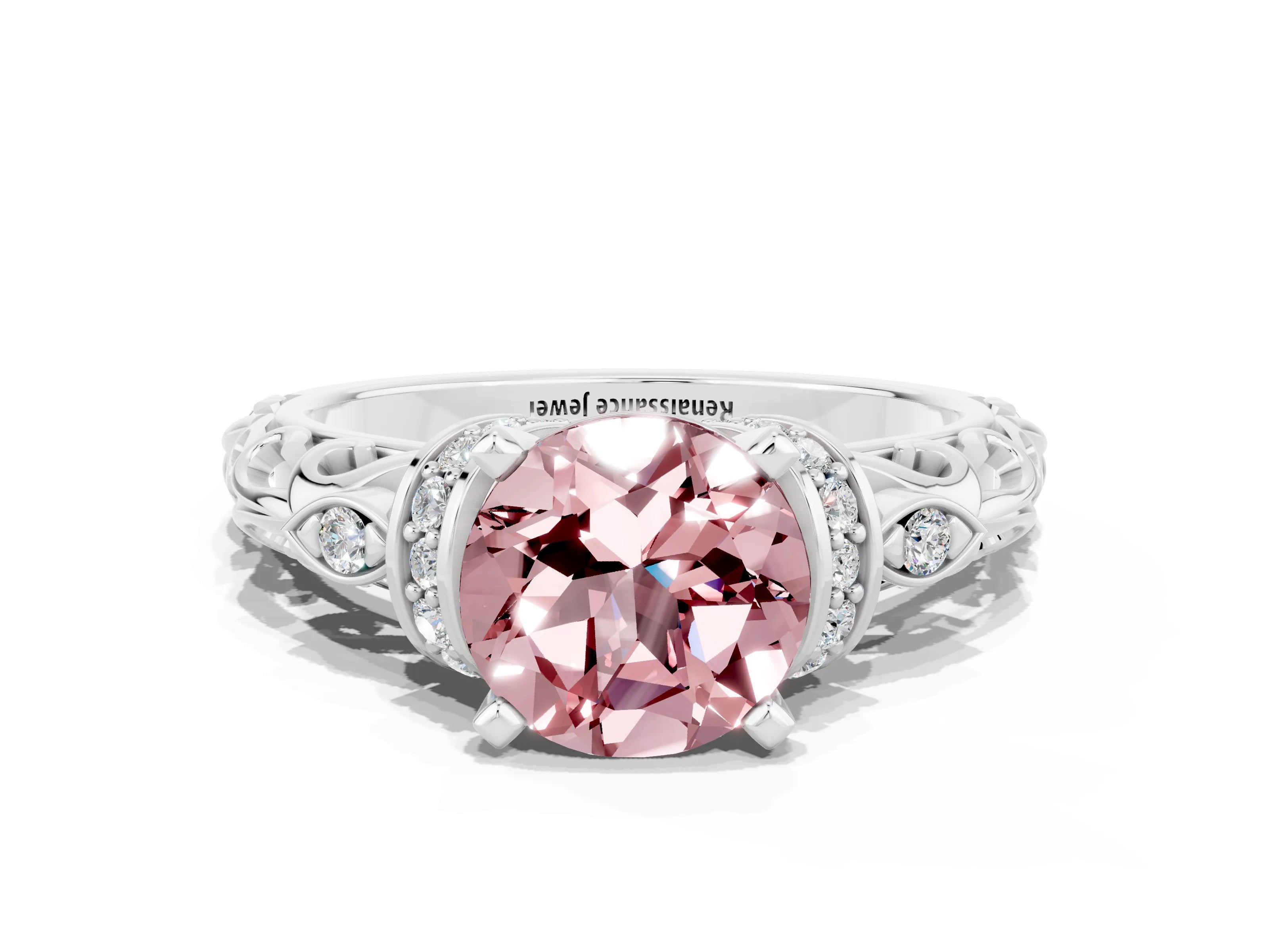 White gold Round Cut Morganite Solitaire Ring with Filigree Band and Four-Prong Setting_24