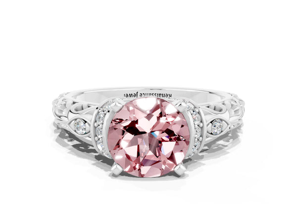 Platinum Round Cut Morganite Solitaire Ring with Filigree Band and Four-Prong Setting