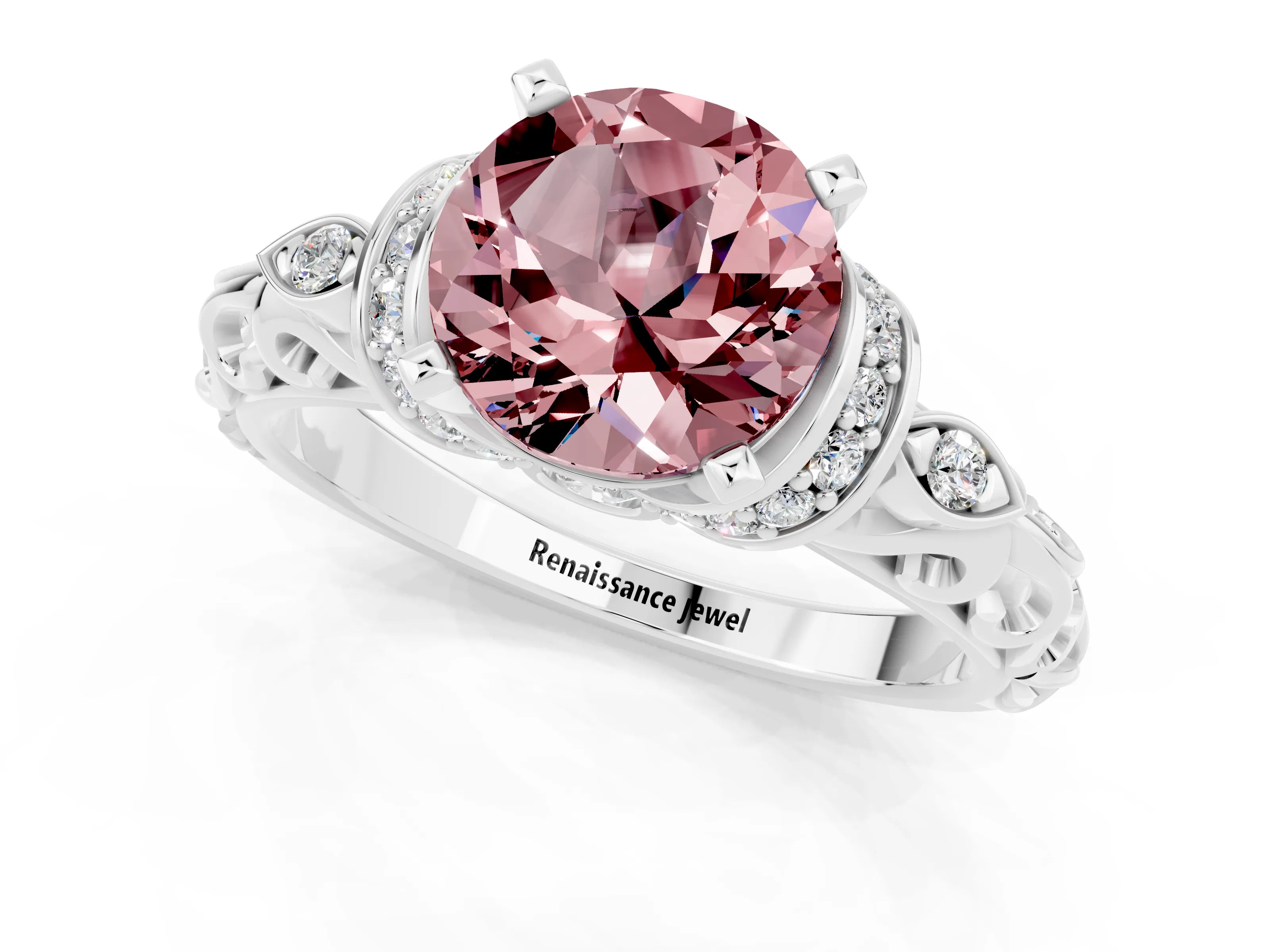 White gold Round Cut Morganite Solitaire Ring with Filigree Band and Four-Prong Setting_25
