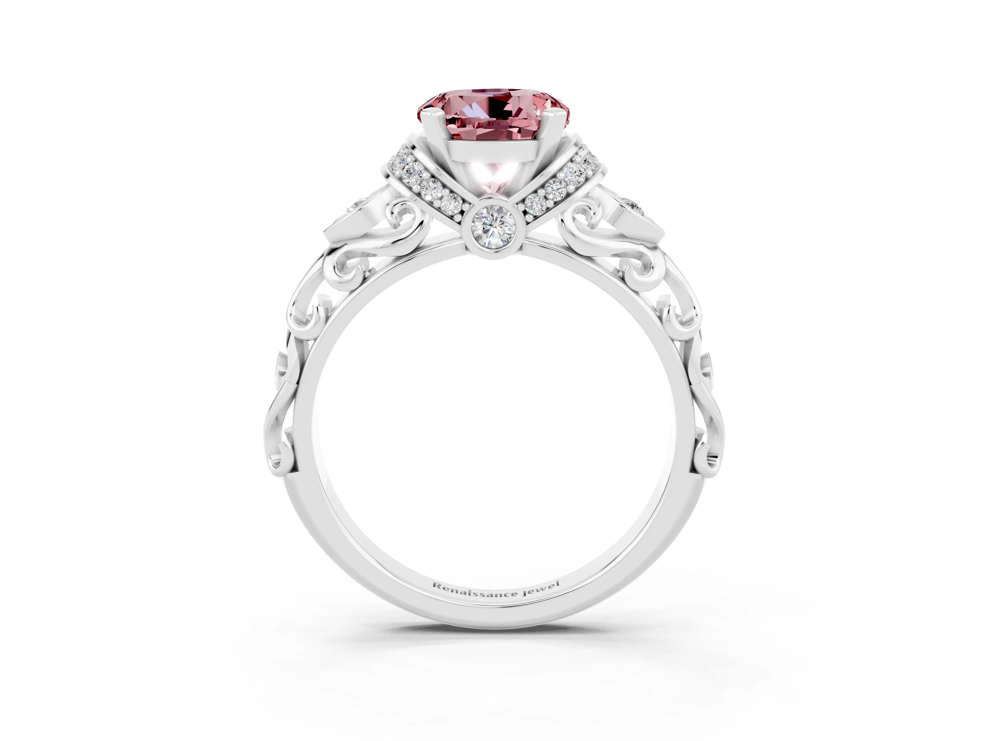 White gold Round Cut Morganite Solitaire Ring with Filigree Band and Four-Prong Setting_27