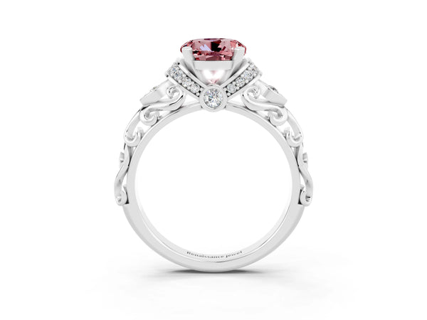 White gold Round Cut Morganite Solitaire Ring with Filigree Band and Four-Prong Setting