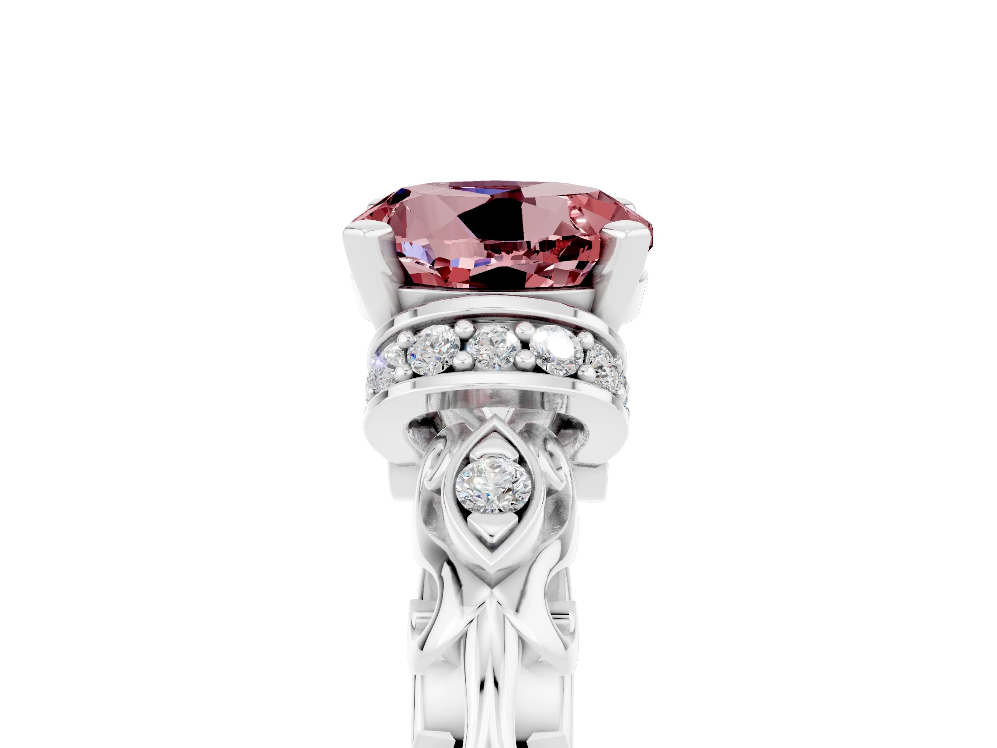 White gold Round Cut Morganite Solitaire Ring with Filigree Band and Four-Prong Setting_29