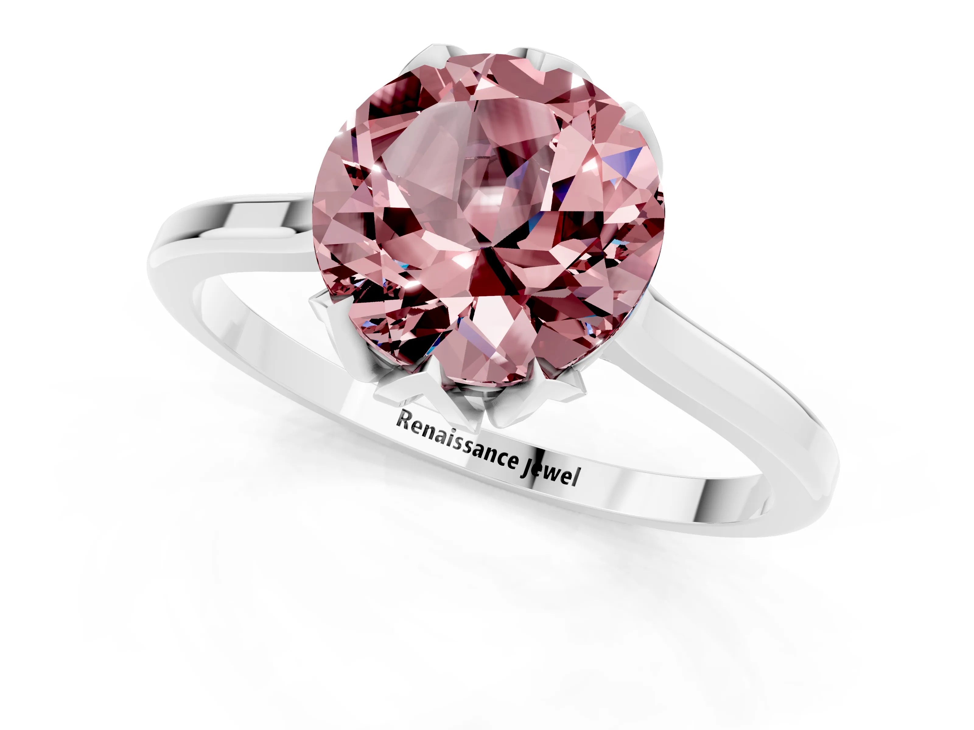White gold Round Cut Morganite Solitaire Ring with Flower Prong Setting and Classic Band_13