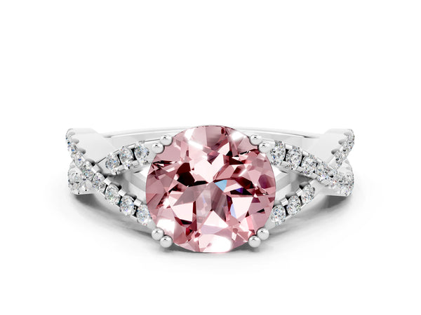 Platinum Round Cut Morganite Solitaire Ring with Four-Prong Setting and Twisted Pavé Band