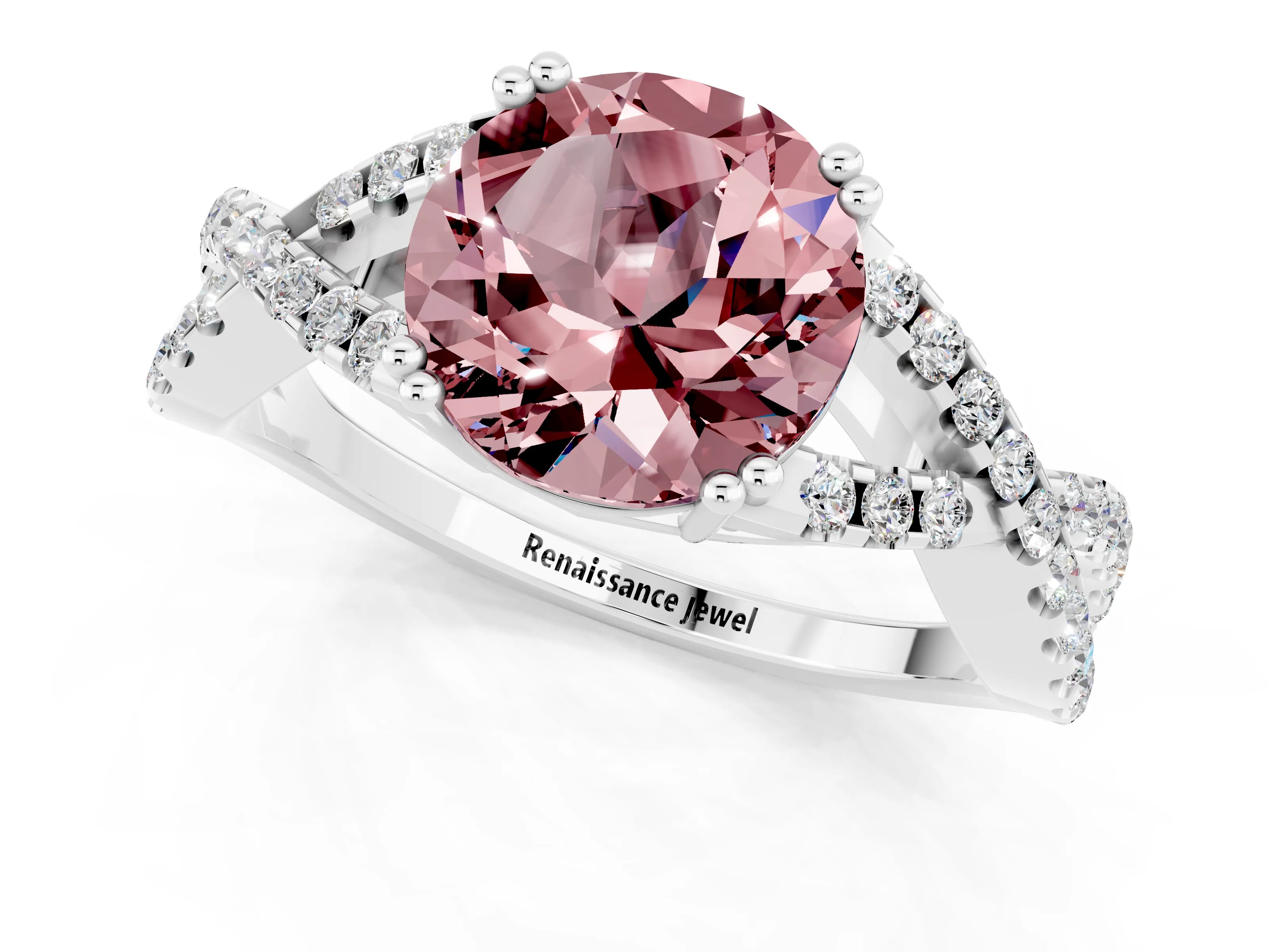 White gold Round Cut Morganite Solitaire Ring with Four-Prong Setting and Twisted Pavé Band_1