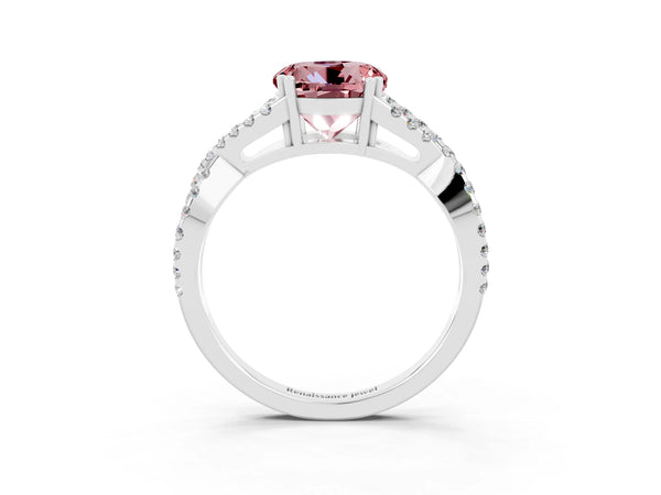 White gold Round Cut Morganite Solitaire Ring with Four-Prong Setting and Twisted Pavé Band