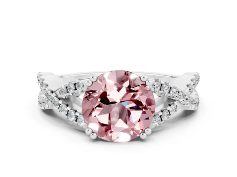 White gold Round Cut Morganite Solitaire Ring with Four-Prong Setting and Twisted Pavé Band
