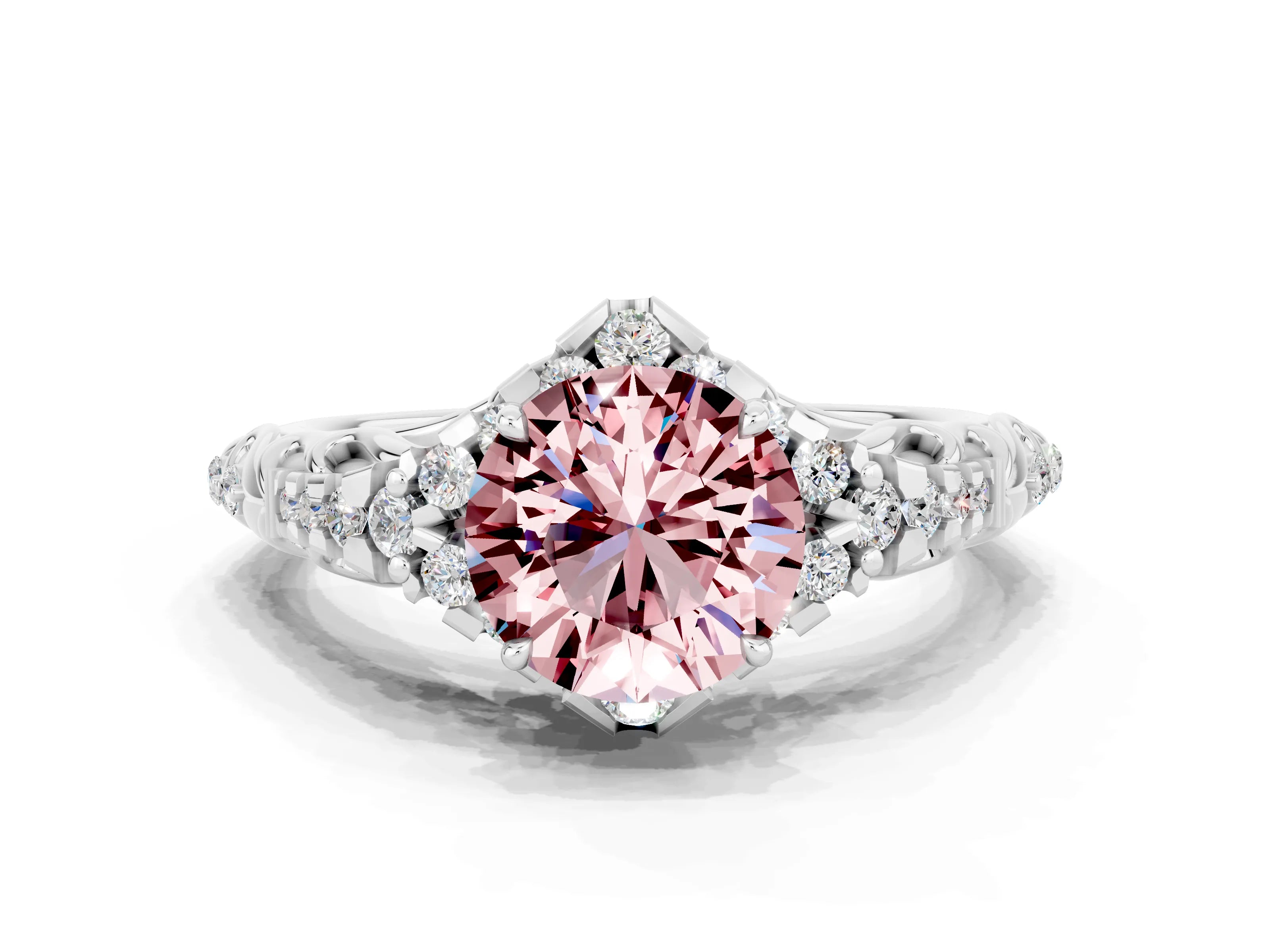 White gold Round Cut Morganite Solitaire Ring with Hidden Halo and Pavé Band_12