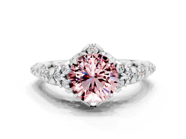 White gold Round Cut Morganite Solitaire Ring with Hidden Halo and Pavé Band