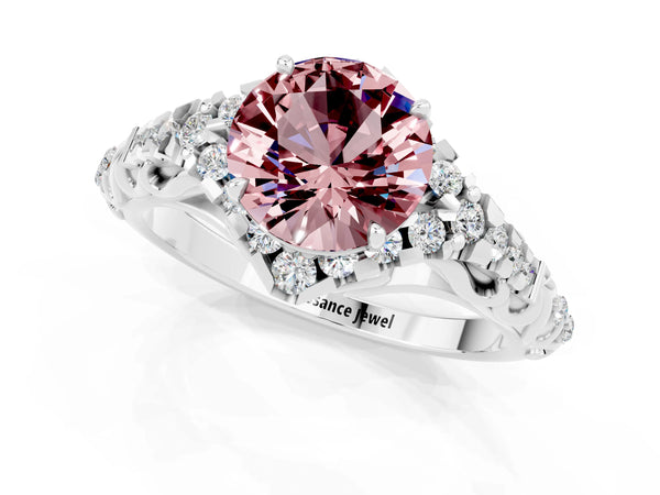 Platinum Round Cut Morganite Solitaire Ring with Hidden Halo and Pavé Band
