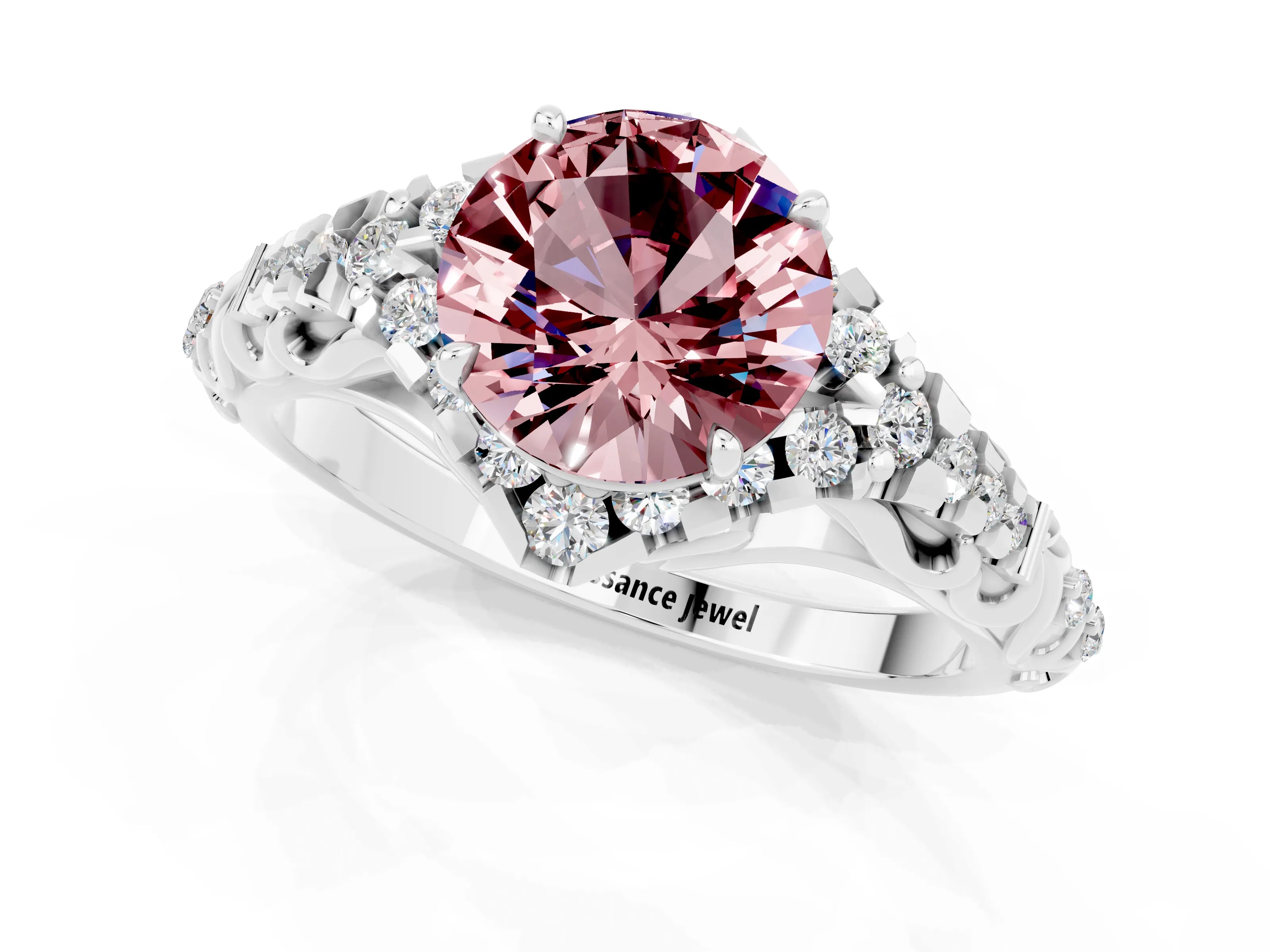 White gold Round Cut Morganite Solitaire Ring with Hidden Halo and Pavé Band_13
