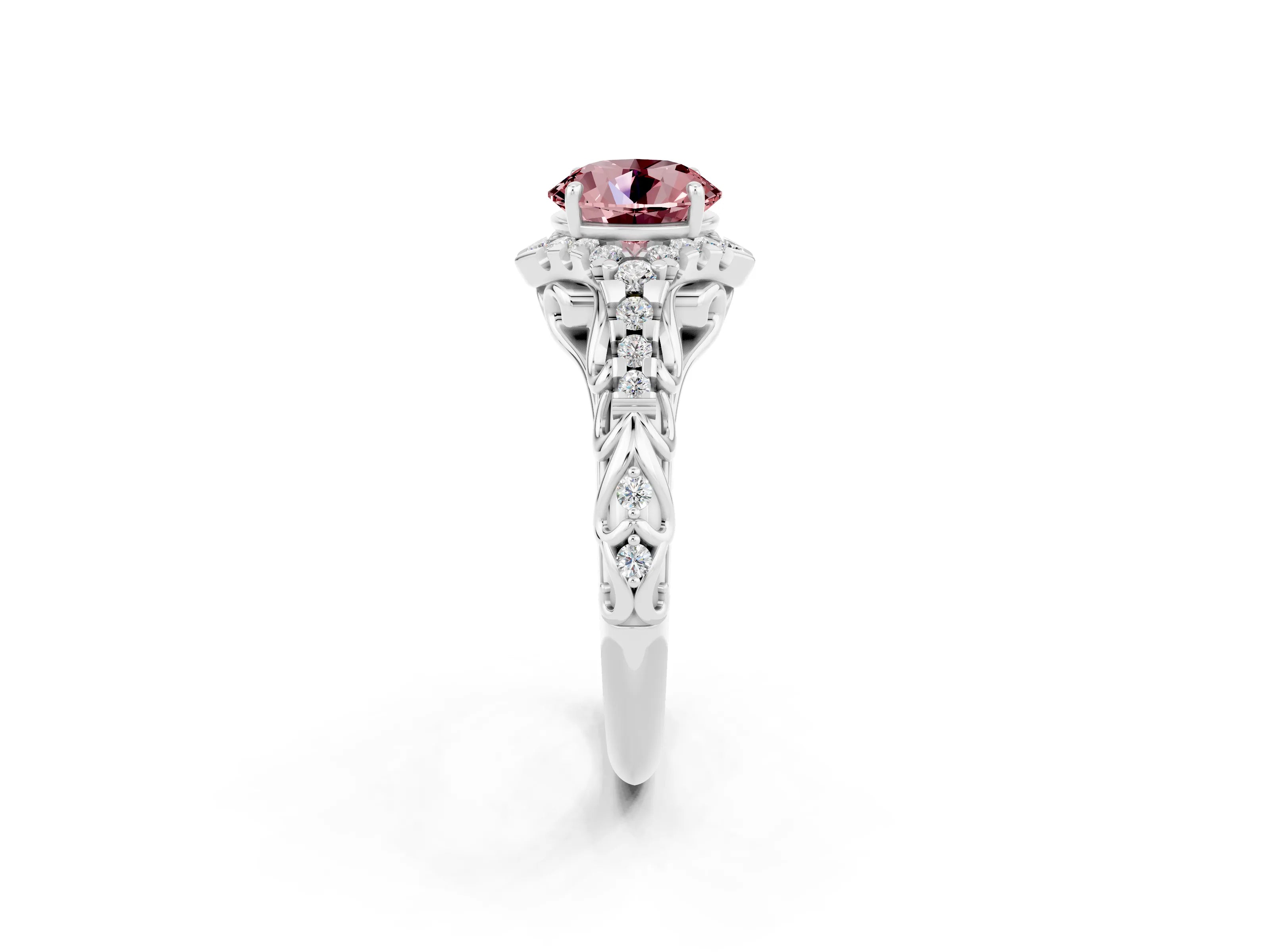 White gold Round Cut Morganite Solitaire Ring with Hidden Halo and Pavé Band_14