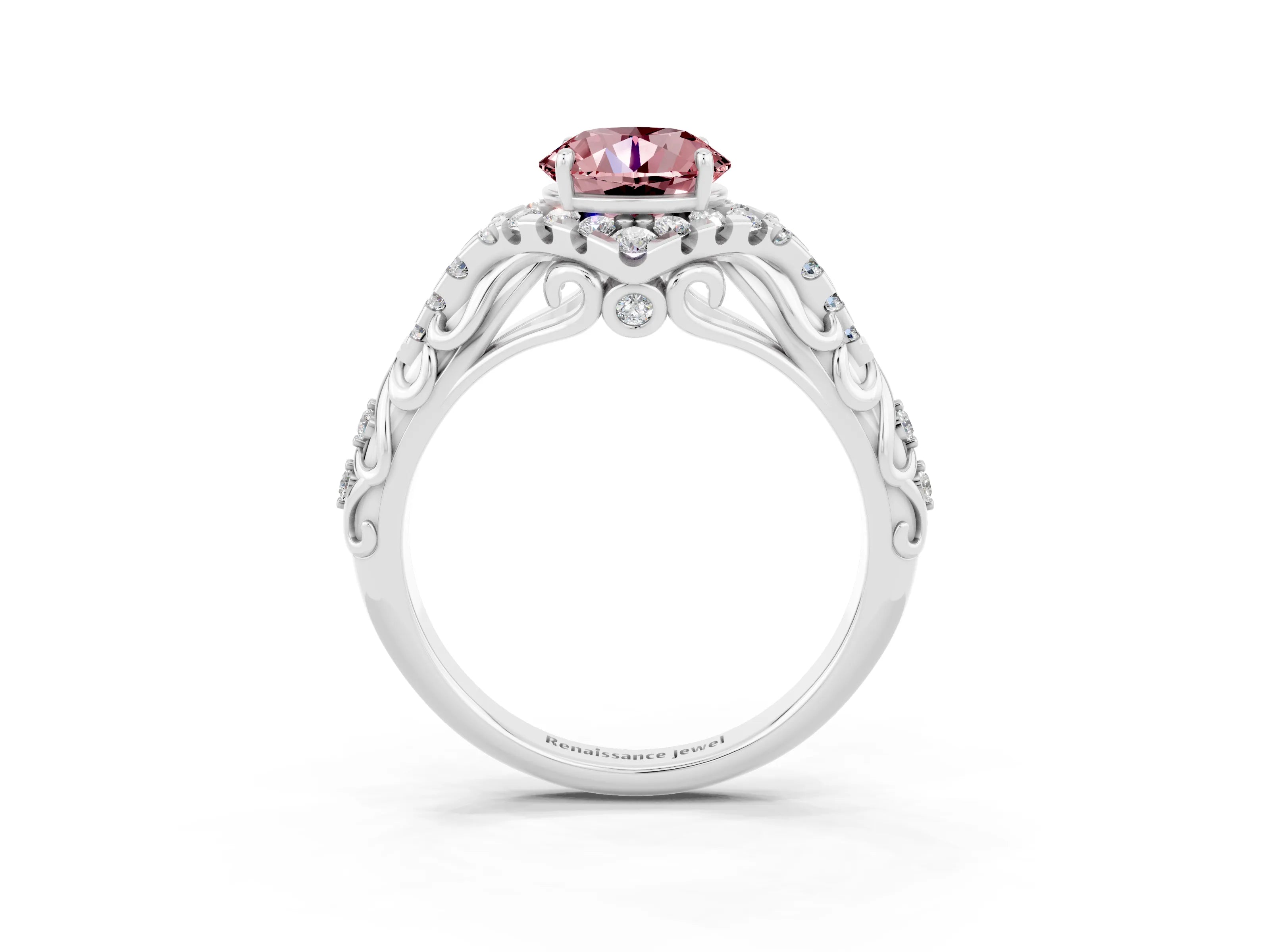 White gold Round Cut Morganite Solitaire Ring with Hidden Halo and Pavé Band_15