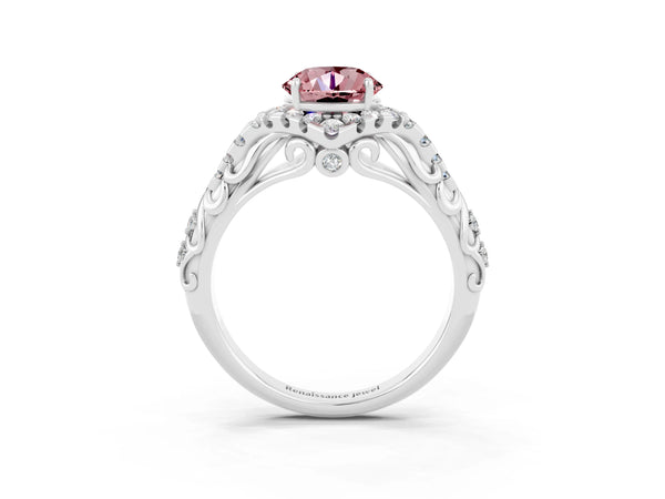 White gold Round Cut Morganite Solitaire Ring with Hidden Halo and Pavé Band