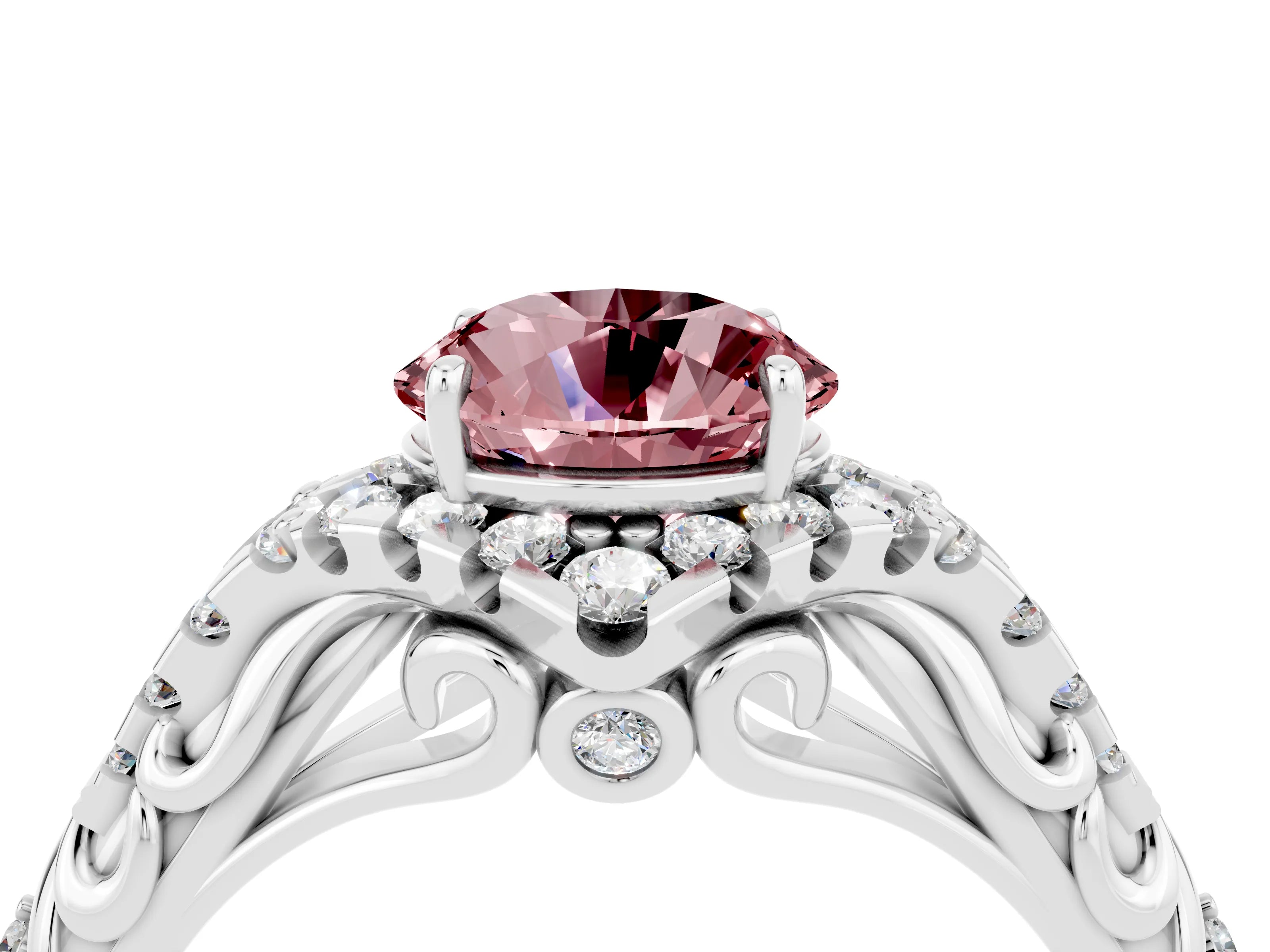 White gold Round Cut Morganite Solitaire Ring with Hidden Halo and Pavé Band_16