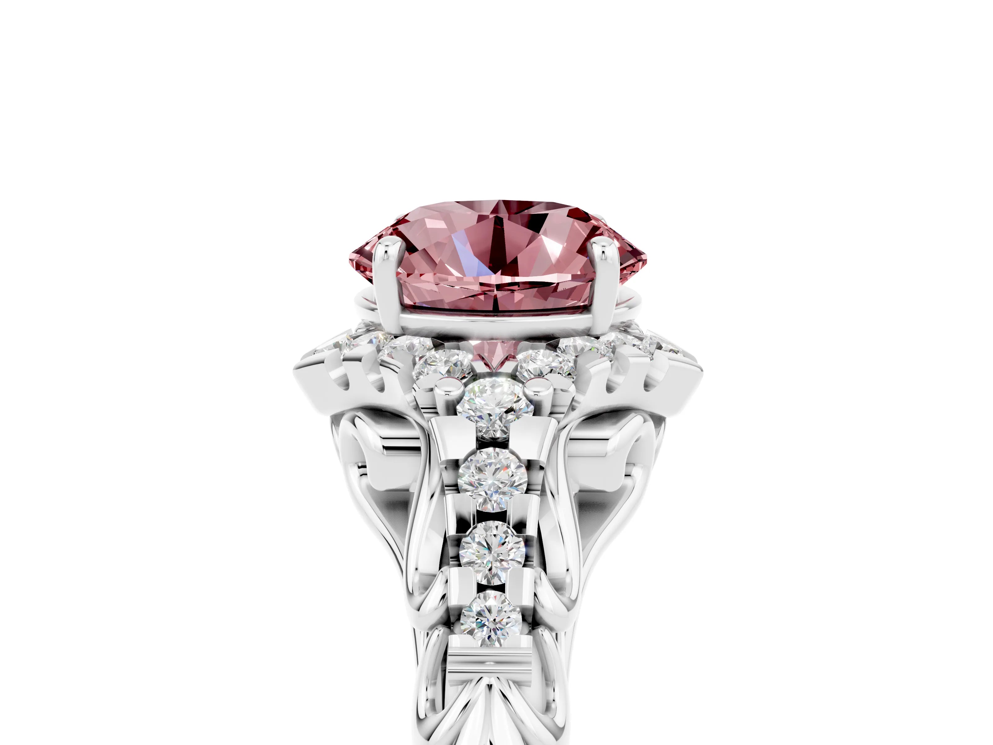 White gold Round Cut Morganite Solitaire Ring with Hidden Halo and Pavé Band_17