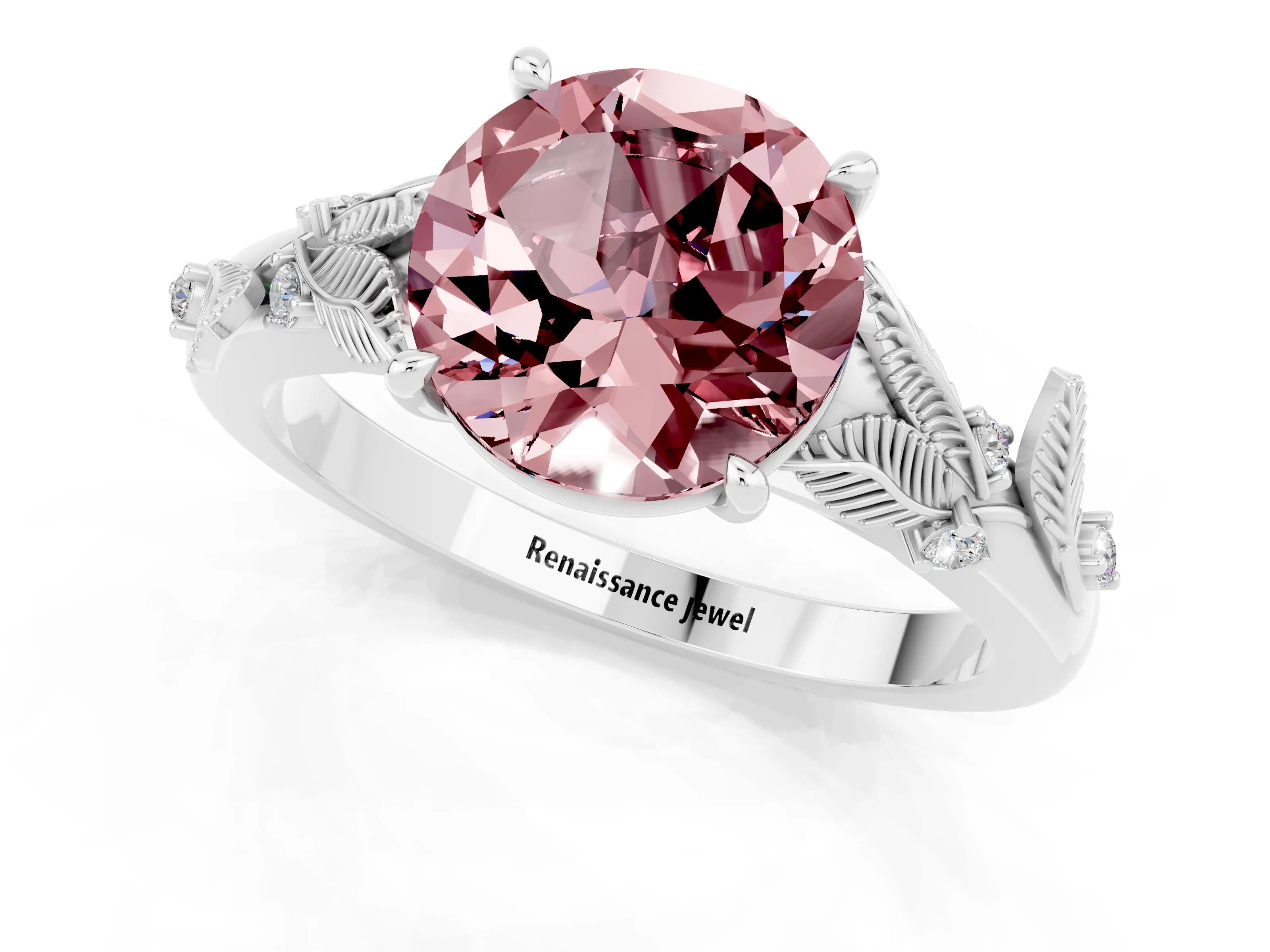 White gold Round Cut Morganite Solitaire Ring with Leaf Motif Band and Four-Prong Setting_25
