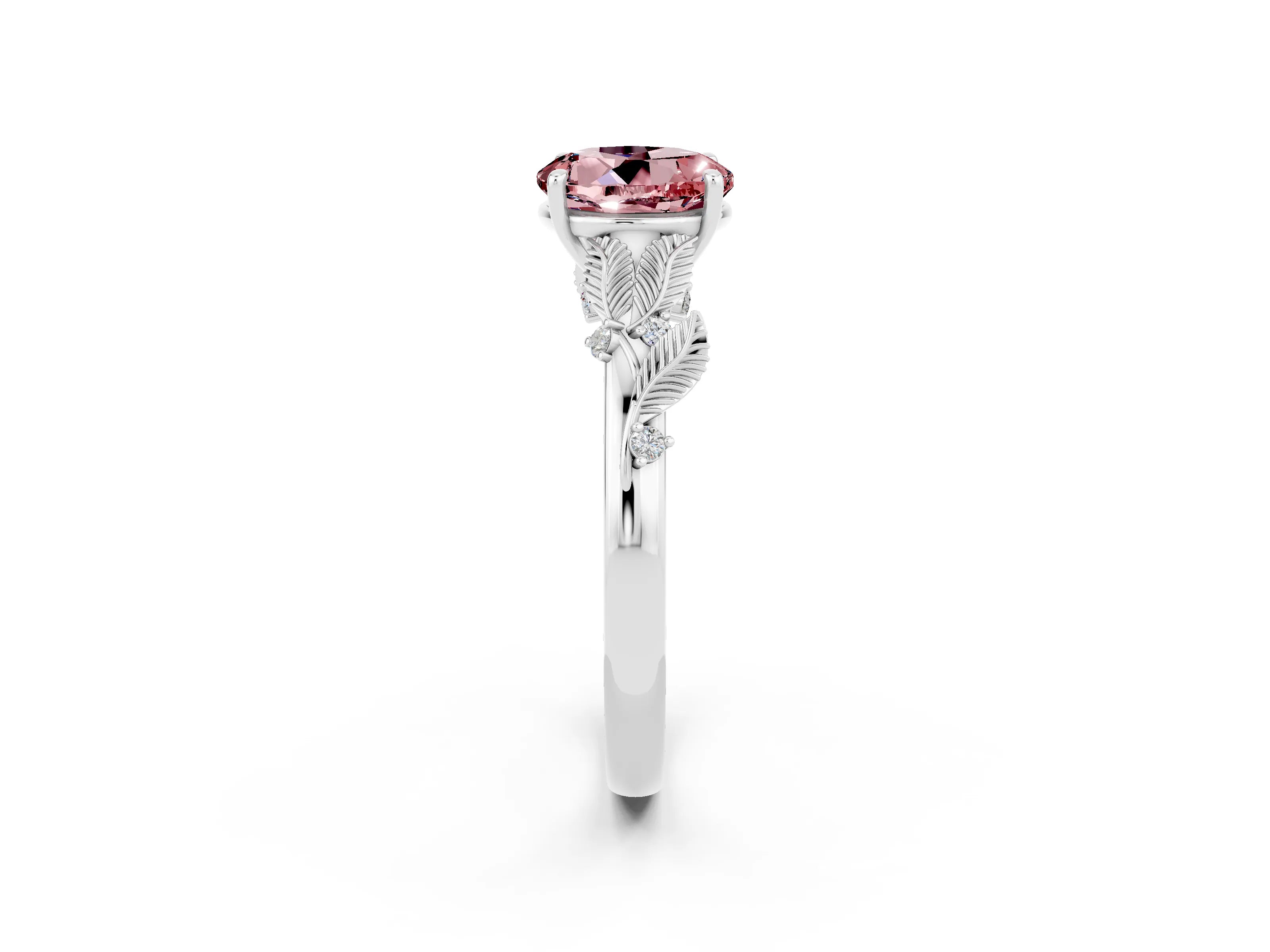White gold Round Cut Morganite Solitaire Ring with Leaf Motif Band and Four-Prong Setting_26