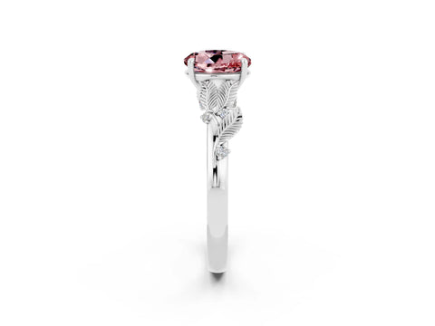 White gold Round Cut Morganite Solitaire Ring with Leaf Motif Band and Four-Prong Setting_26