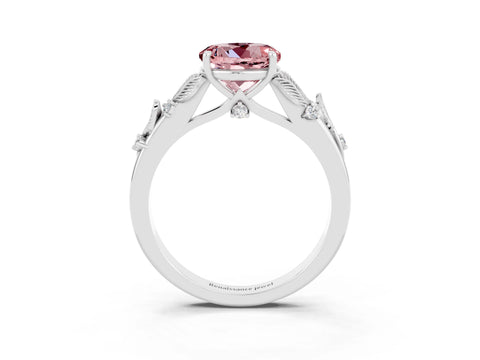 White gold Round Cut Morganite Solitaire Ring with Leaf Motif Band and Four-Prong Setting_27