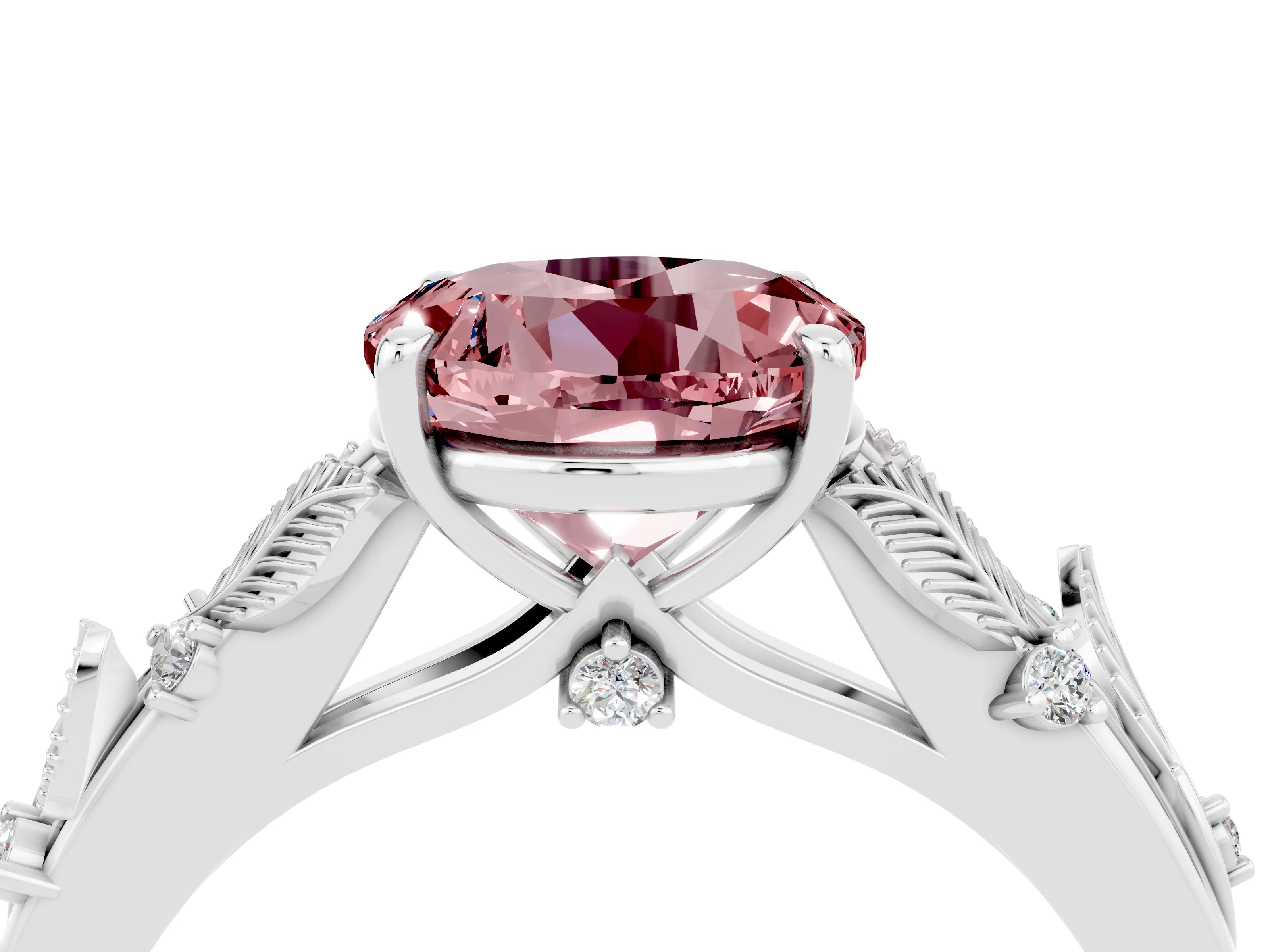 White gold Round Cut Morganite Solitaire Ring with Leaf Motif Band and Four-Prong Setting_28