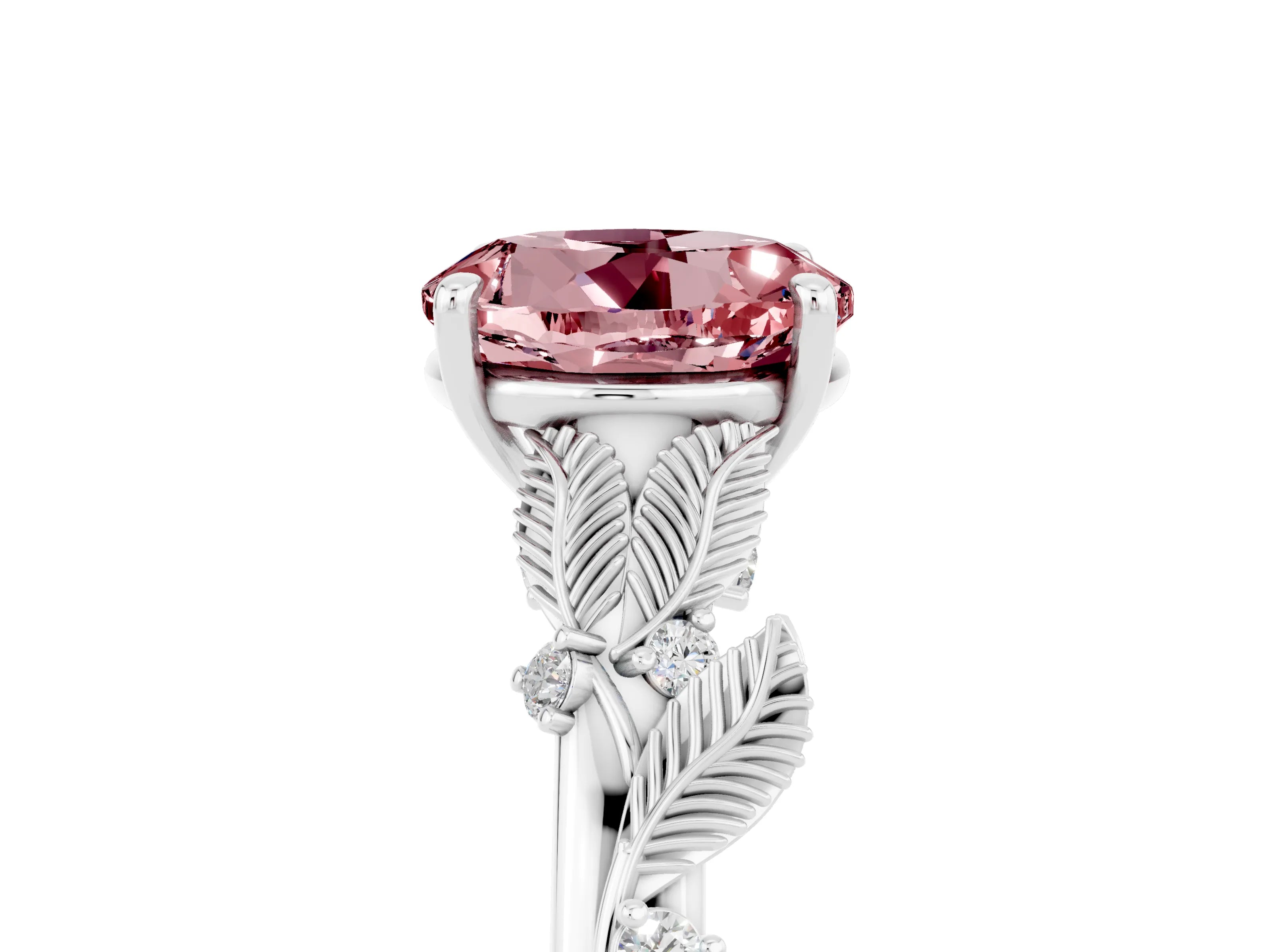 White gold Round Cut Morganite Solitaire Ring with Leaf Motif Band and Four-Prong Setting_29