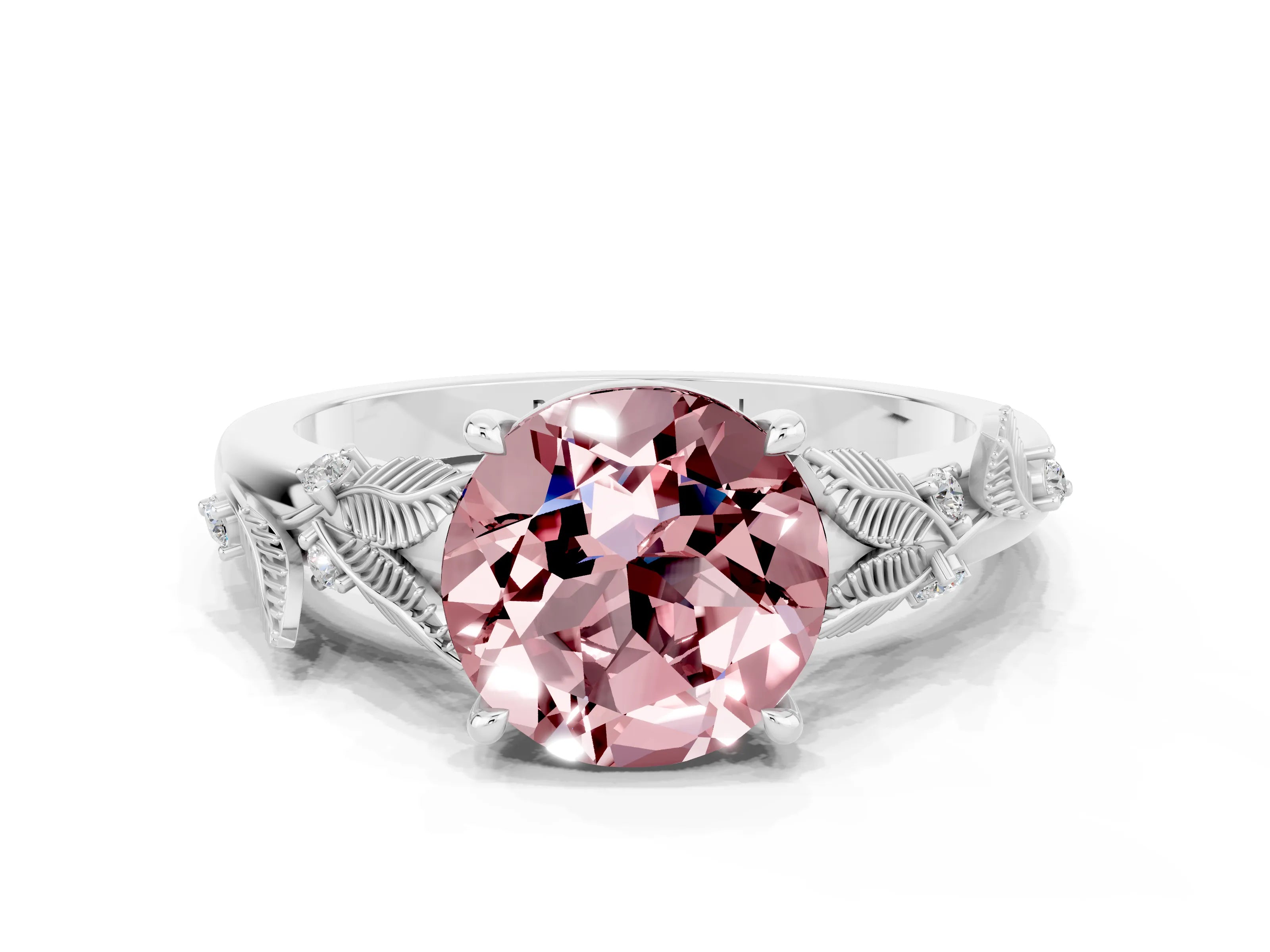 White gold Round Cut Morganite Solitaire Ring with Leaf Motif Band and Four-Prong Setting_32
