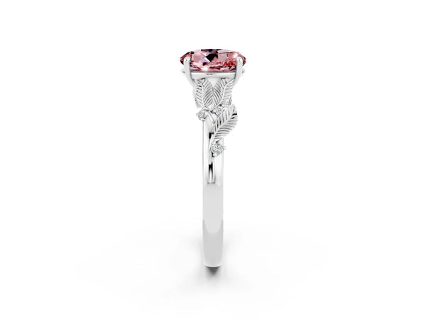 White gold Round Cut Morganite Solitaire Ring with Leaf Motif Band and Four-Prong Setting