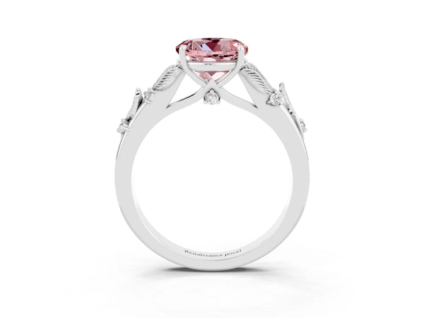 White gold Round Cut Morganite Solitaire Ring with Leaf Motif Band and Four-Prong Setting