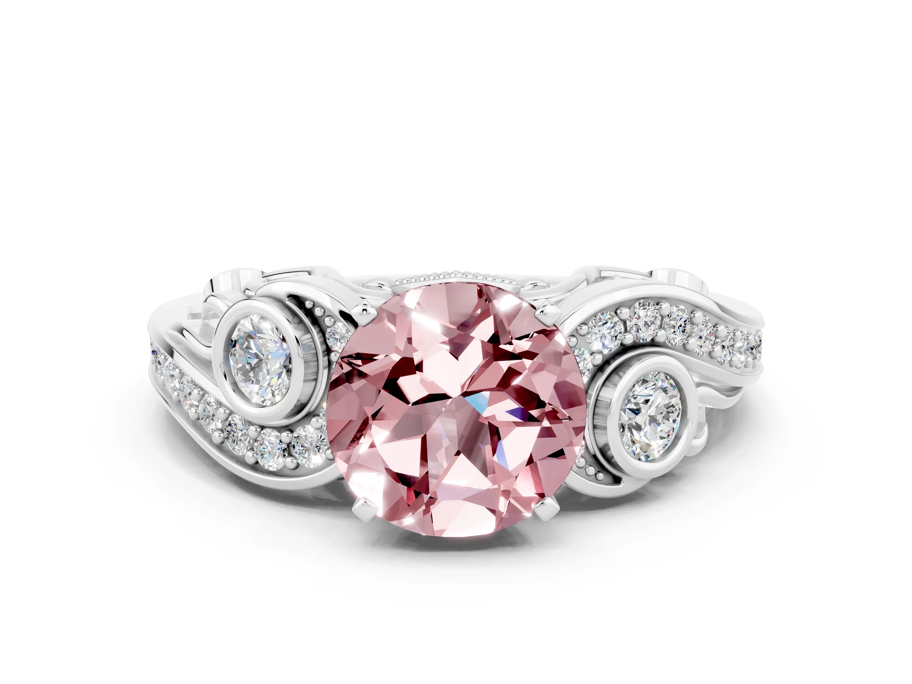 White gold Round Cut Morganite Solitaire Ring with Milgrain Pavé Band and Four-Prong Setting_12