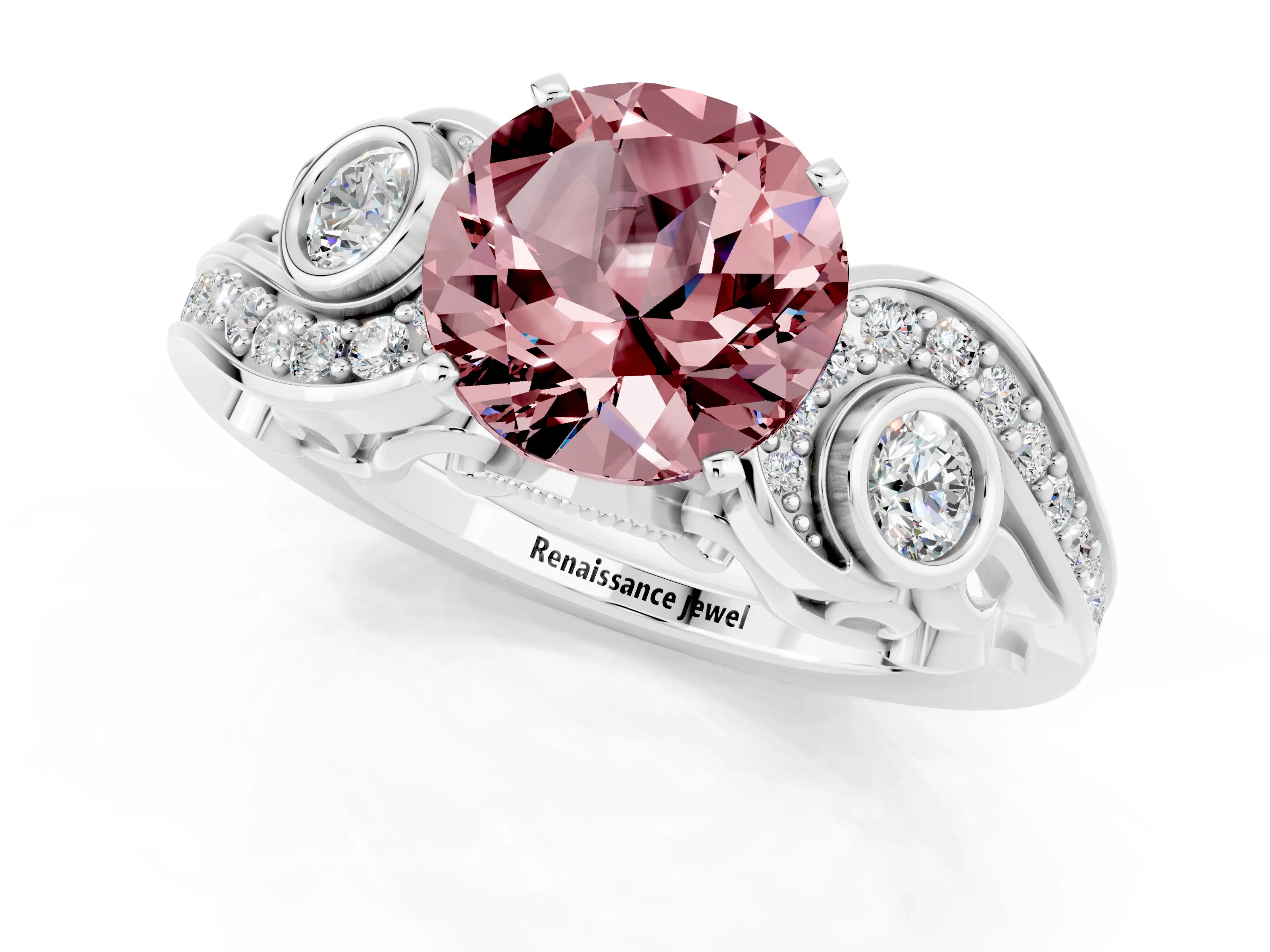 White gold Round Cut Morganite Solitaire Ring with Milgrain Pavé Band and Four-Prong Setting_13