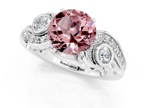 White gold Round Cut Morganite Solitaire Ring with Milgrain Pavé Band and Four-Prong Setting_13