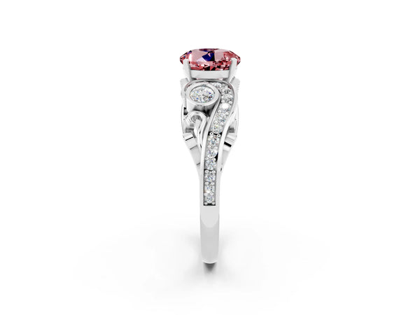 Platinum Round Cut Morganite Solitaire Ring with Milgrain Pavé Band and Four-Prong Setting