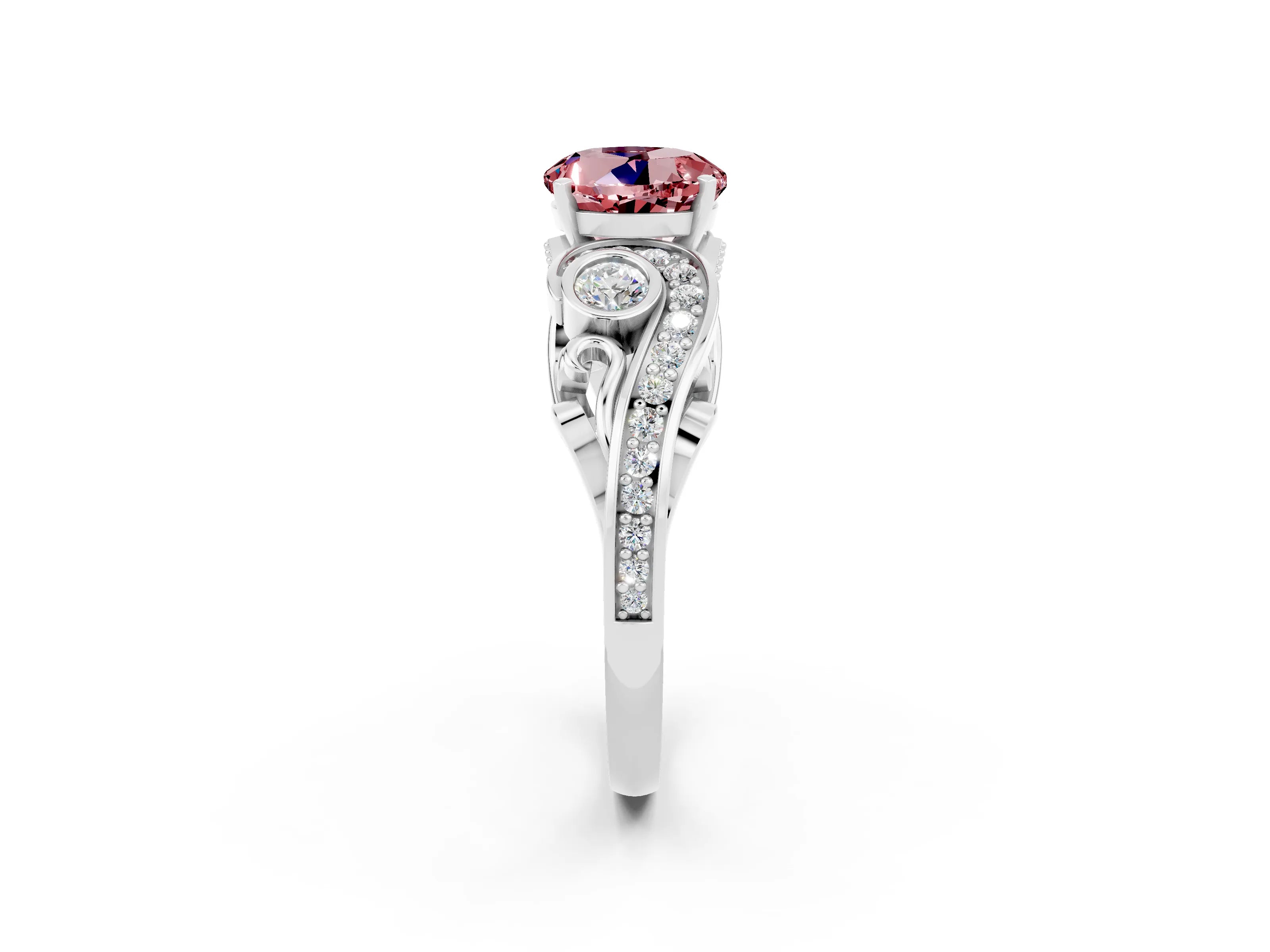 White gold Round Cut Morganite Solitaire Ring with Milgrain Pavé Band and Four-Prong Setting_14