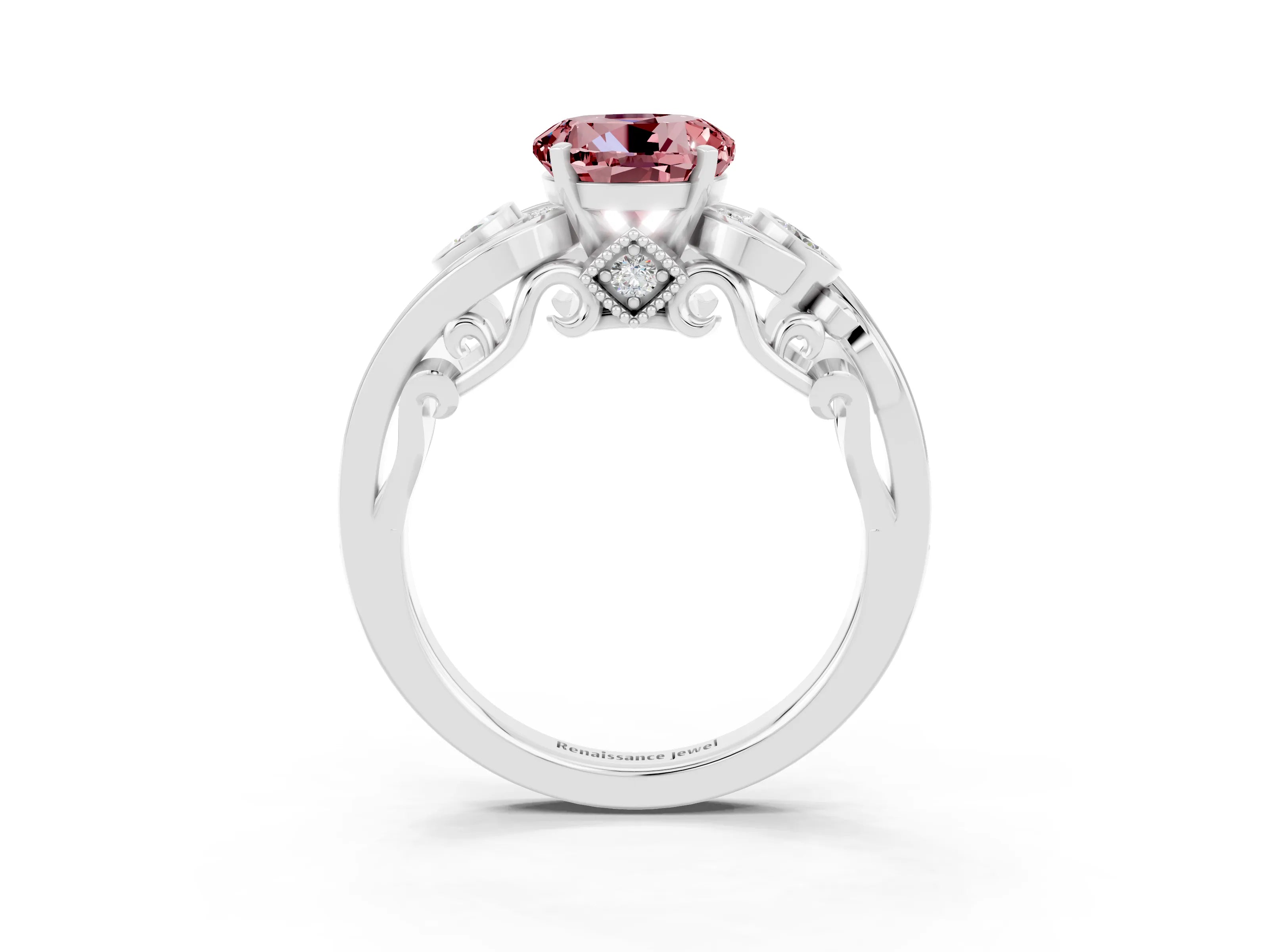 White gold Round Cut Morganite Solitaire Ring with Milgrain Pavé Band and Four-Prong Setting_15