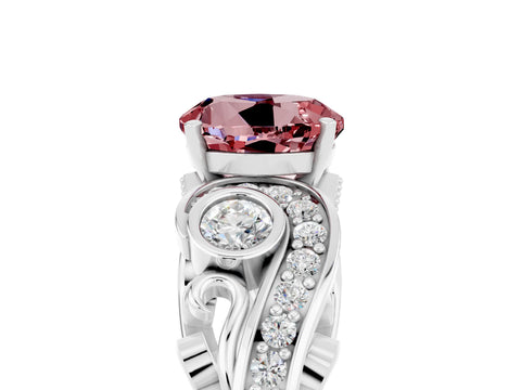 White gold Round Cut Morganite Solitaire Ring with Milgrain Pavé Band and Four-Prong Setting_17