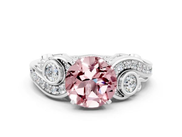 White gold Round Cut Morganite Solitaire Ring with Milgrain Pavé Band and Four-Prong Setting