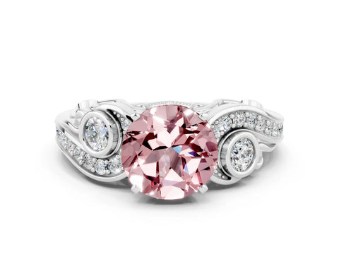 White gold Round Cut Morganite Solitaire Ring with Milgrain Pavé Band and Four-Prong Setting_48