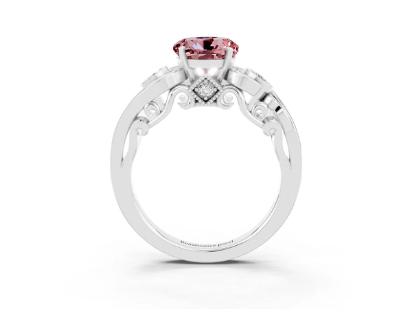 White gold Round Cut Morganite Solitaire Ring with Milgrain Pavé Band and Four-Prong Setting