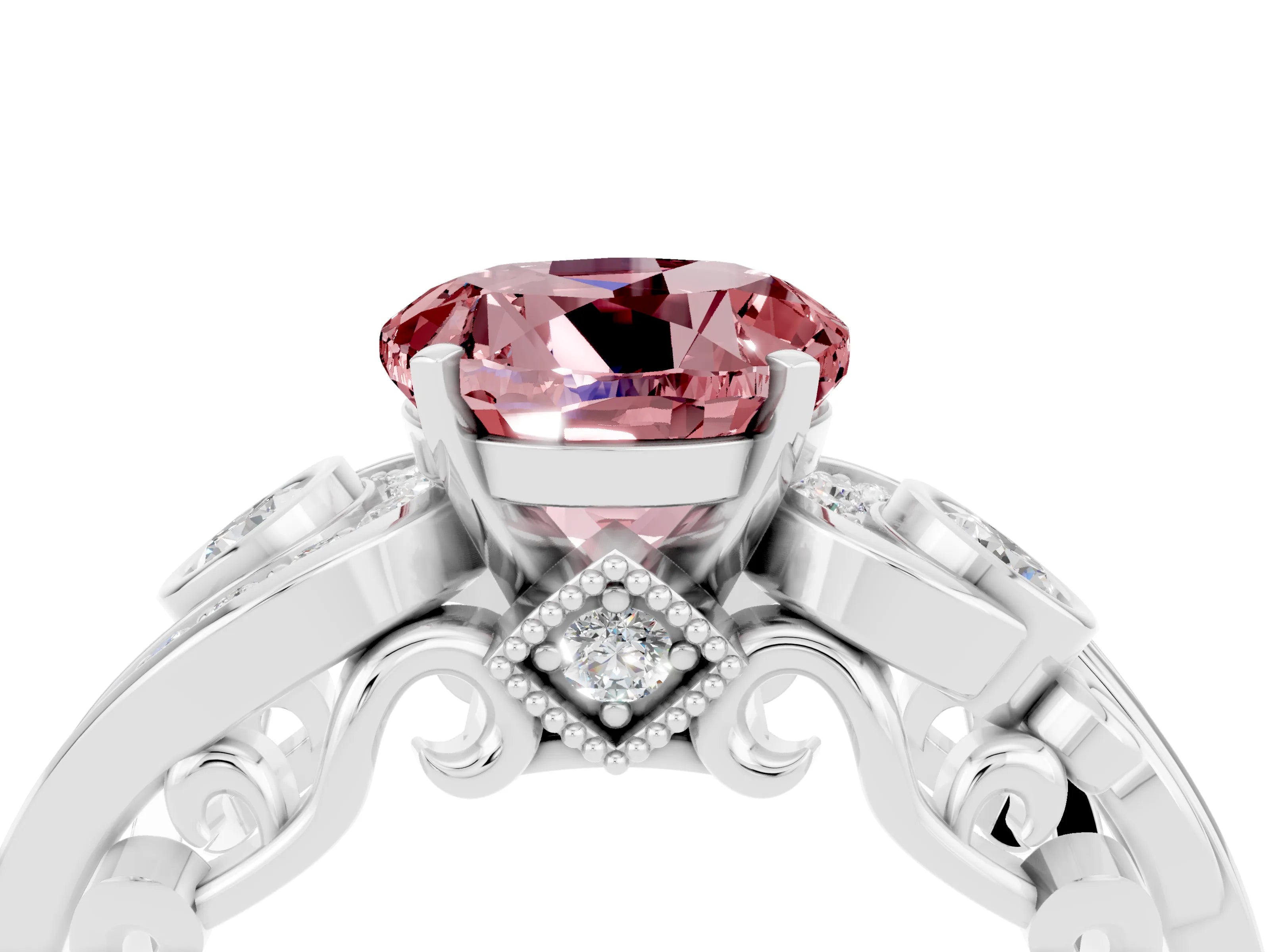 White gold Round Cut Morganite Solitaire Ring with Milgrain Pavé Band and Four-Prong Setting_52