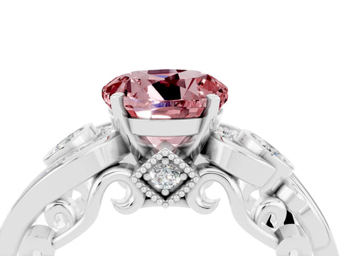 White gold Round Cut Morganite Solitaire Ring with Milgrain Pavé Band and Four-Prong Setting_52