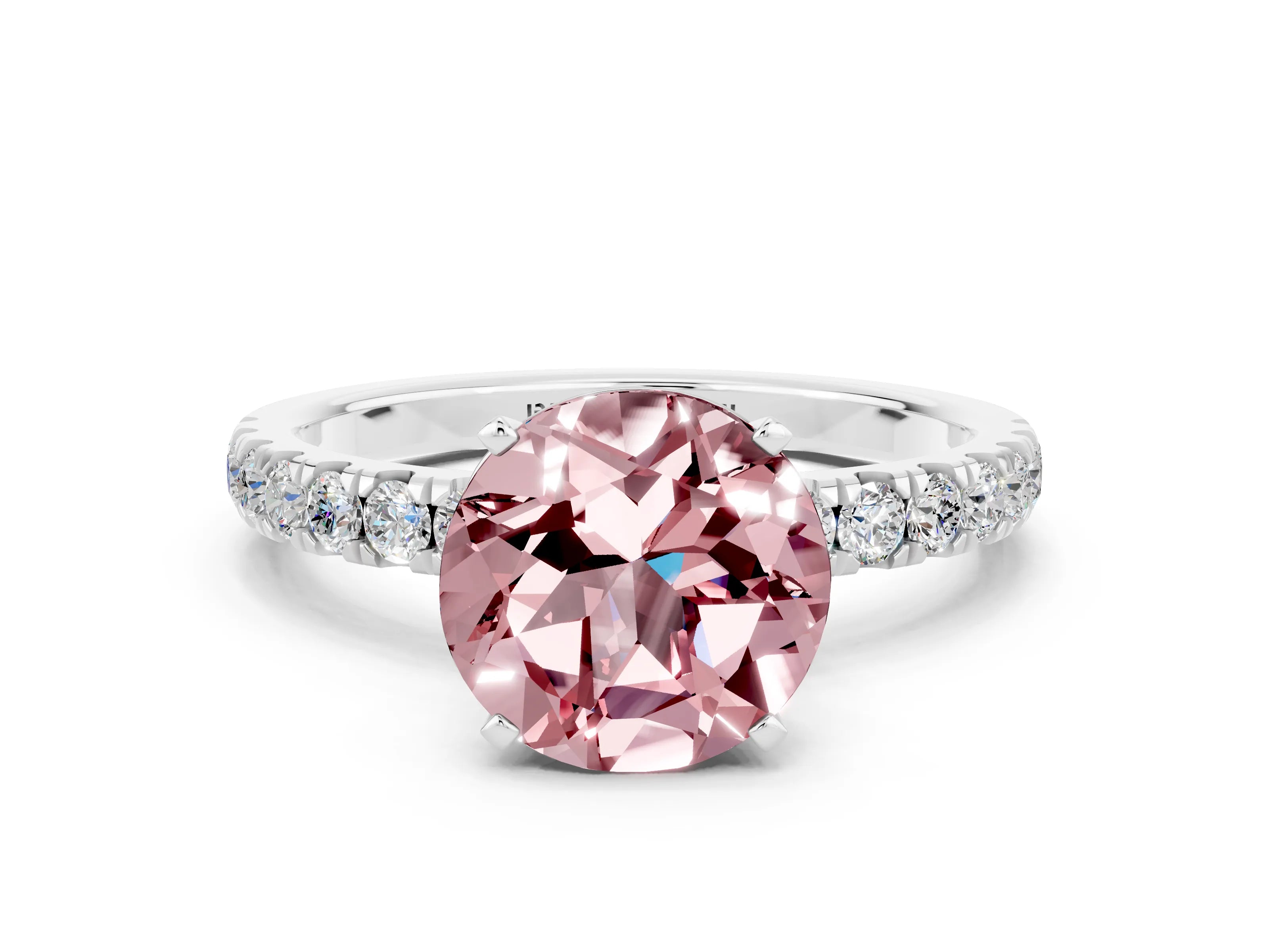 White gold Round Cut Morganite Solitaire Ring with Pavé Accents and Four-Prong Setting