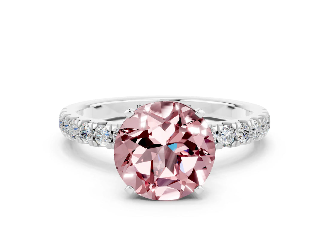 White gold Round Cut Morganite Solitaire Ring with Pavé Accents and Four-Prong Setting
