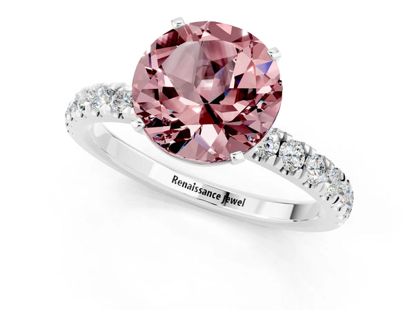 Platinum Round Cut Morganite Solitaire Ring with Pavé Accents and Four-Prong Setting