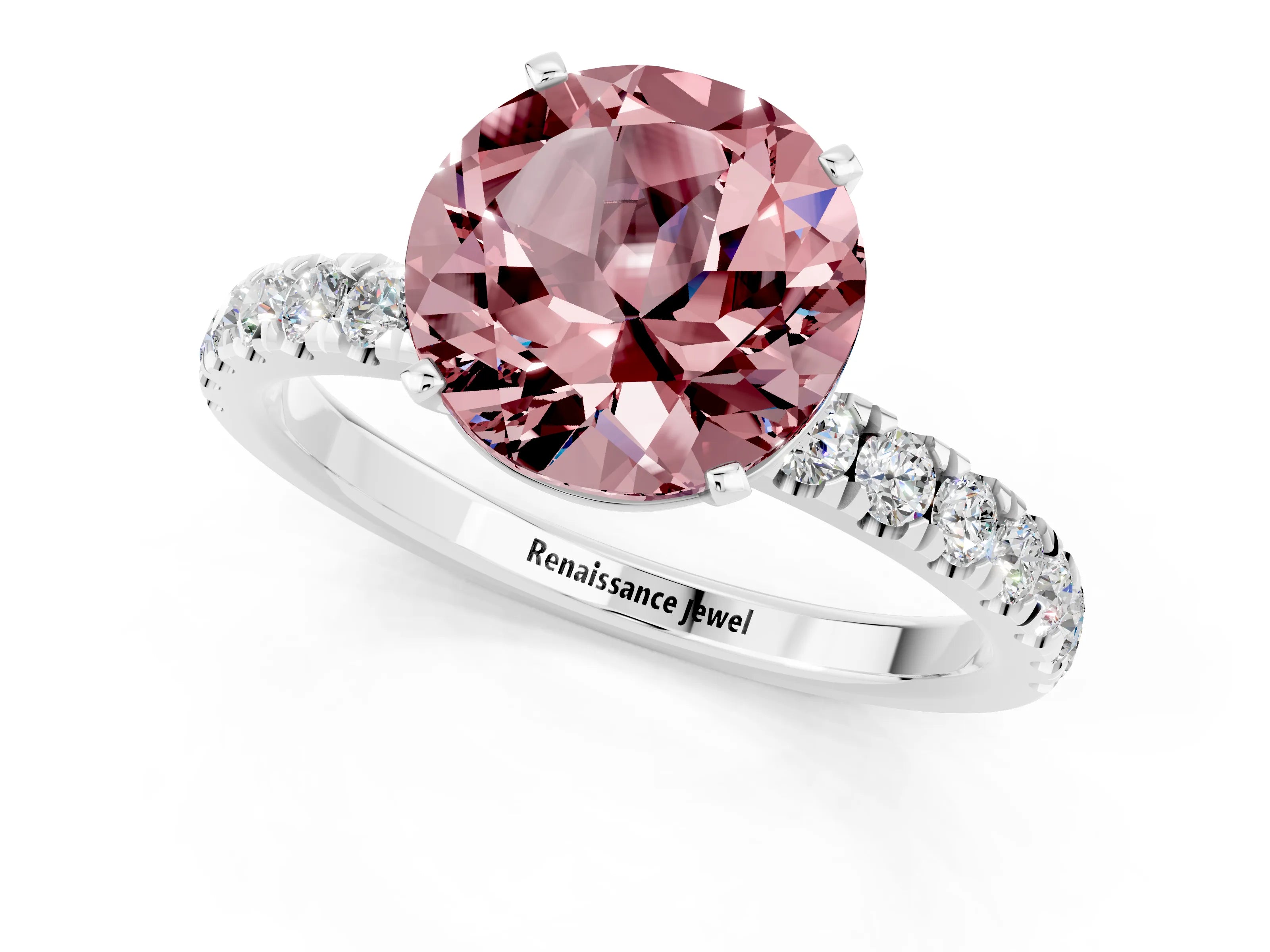 White gold Round Cut Morganite Solitaire Ring with Pavé Accents and Four-Prong Setting_1