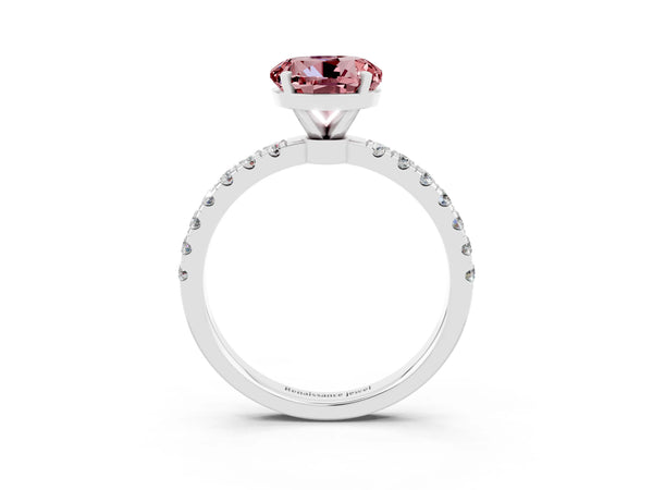 Silver Round Cut Morganite Solitaire Ring with Pavé Accents and Four-Prong Setting