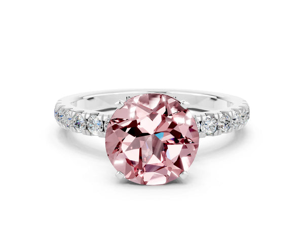 White gold Round Cut Morganite Solitaire Ring with Pavé Accents and Four-Prong Setting